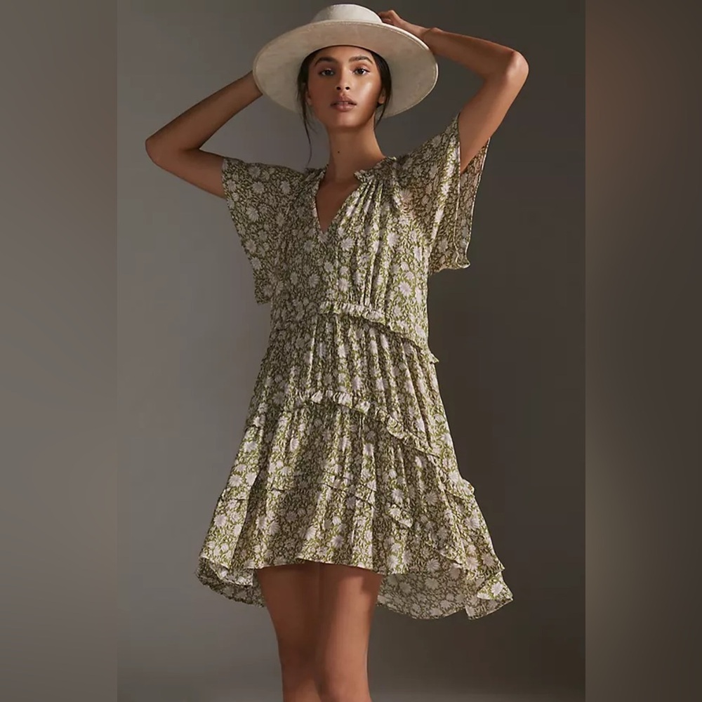 Anthropologie Robin Tiered‎ Mini Dress in Moss Floral